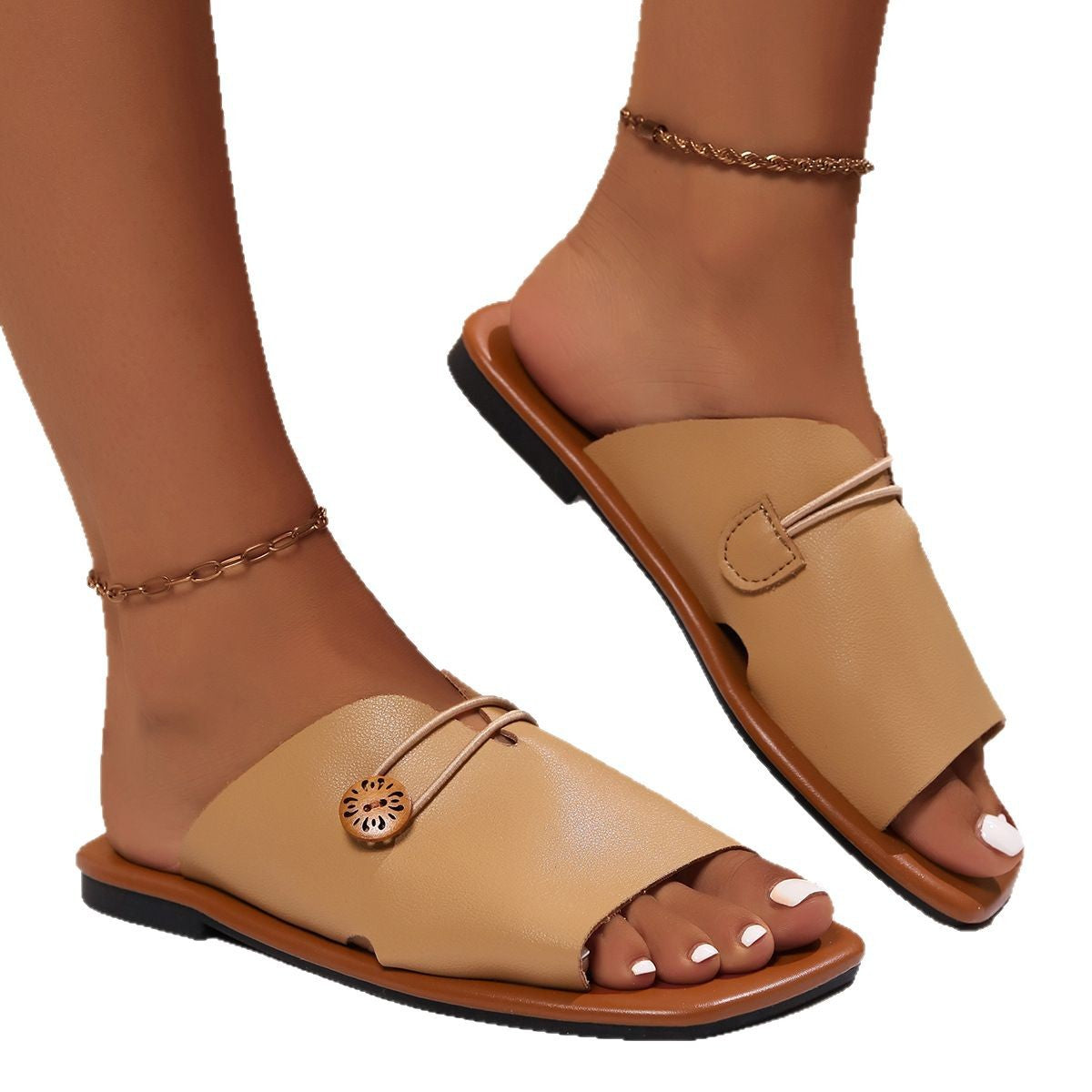 Sandales Élégantes en Cuir avec Détail en Bois